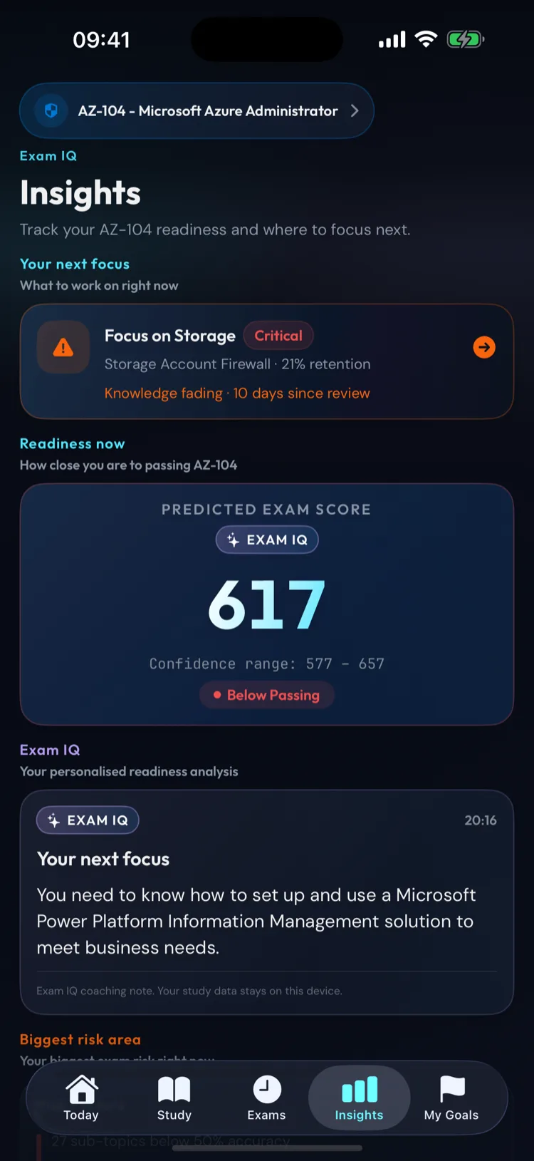 Exam IQ insights with predicted score and confidence range