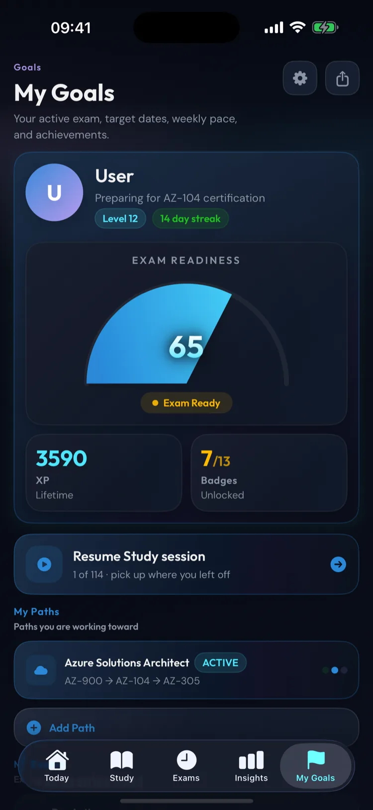 My Goals with readiness gauge, XP, and certification paths