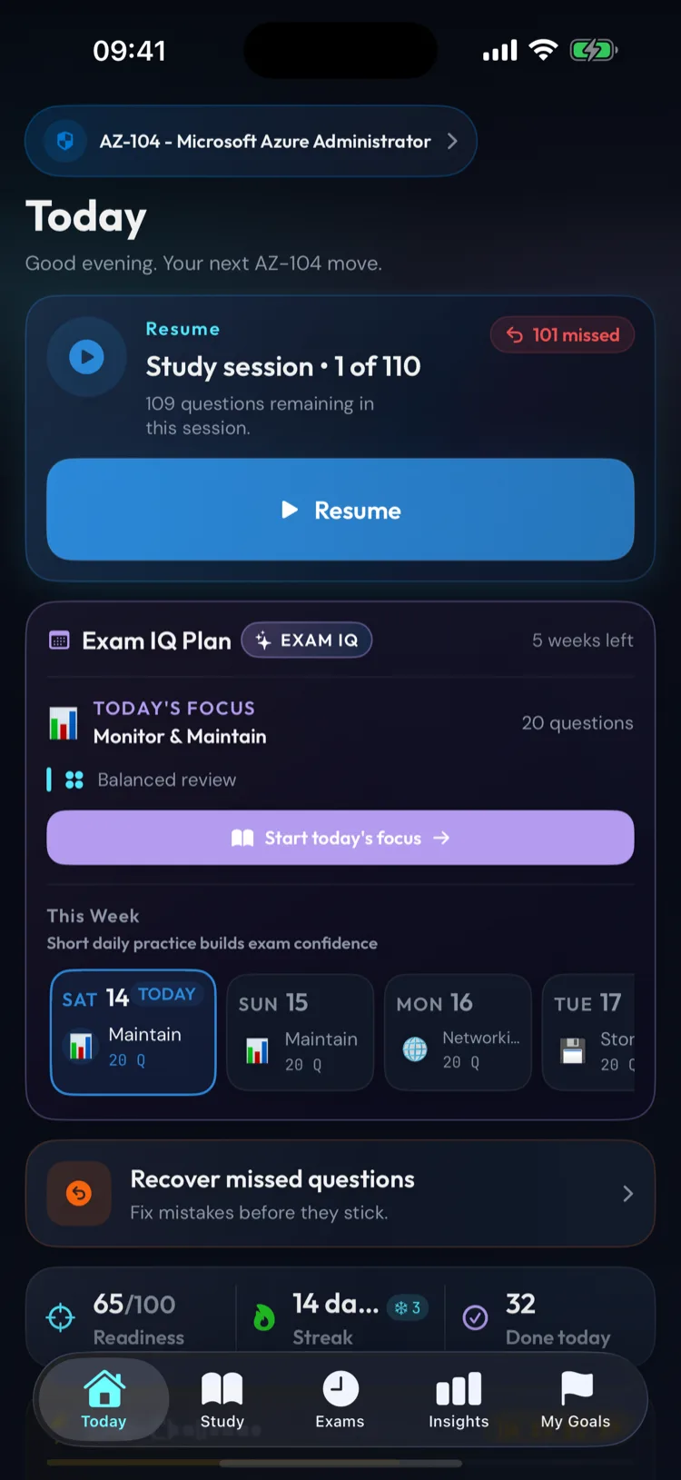 Study tab with domain list and progress