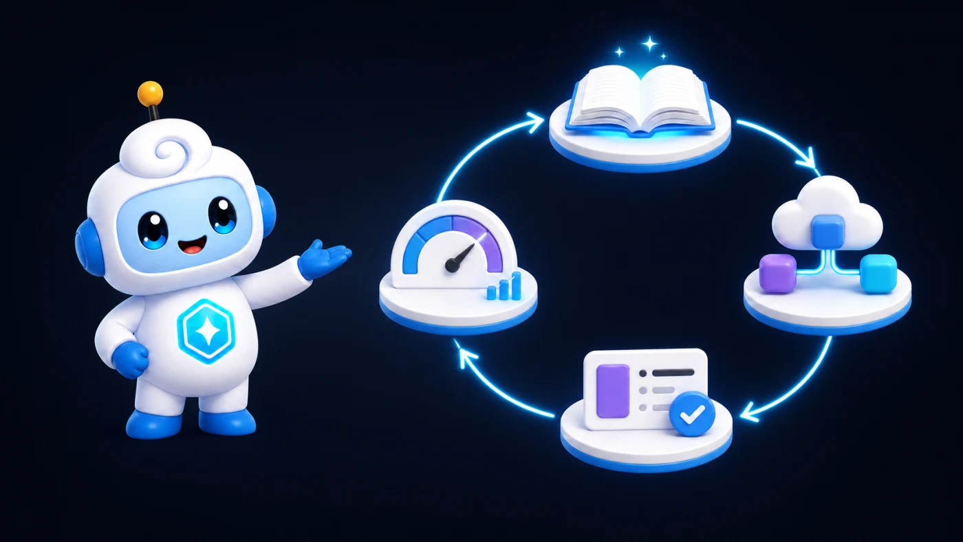 Aura presents a four-step visual study cycle for AB-620: learn, connect, practise, and prove readiness.