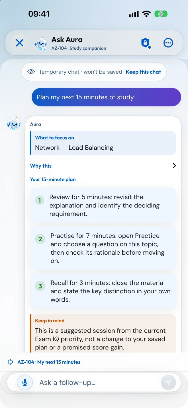 Ask Aura proposes a 15-minute AZ-104 networking session: review for five minutes, practise for seven, then recall for three