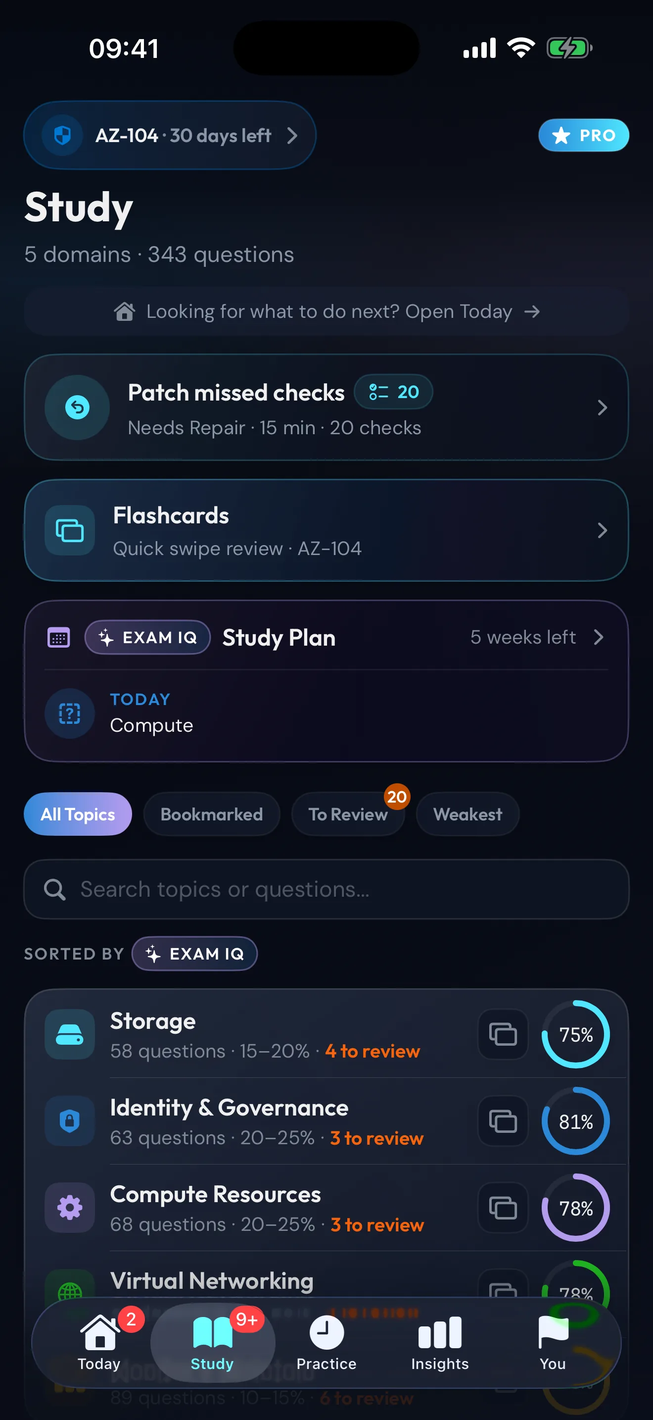 Study tab with domain list and progress