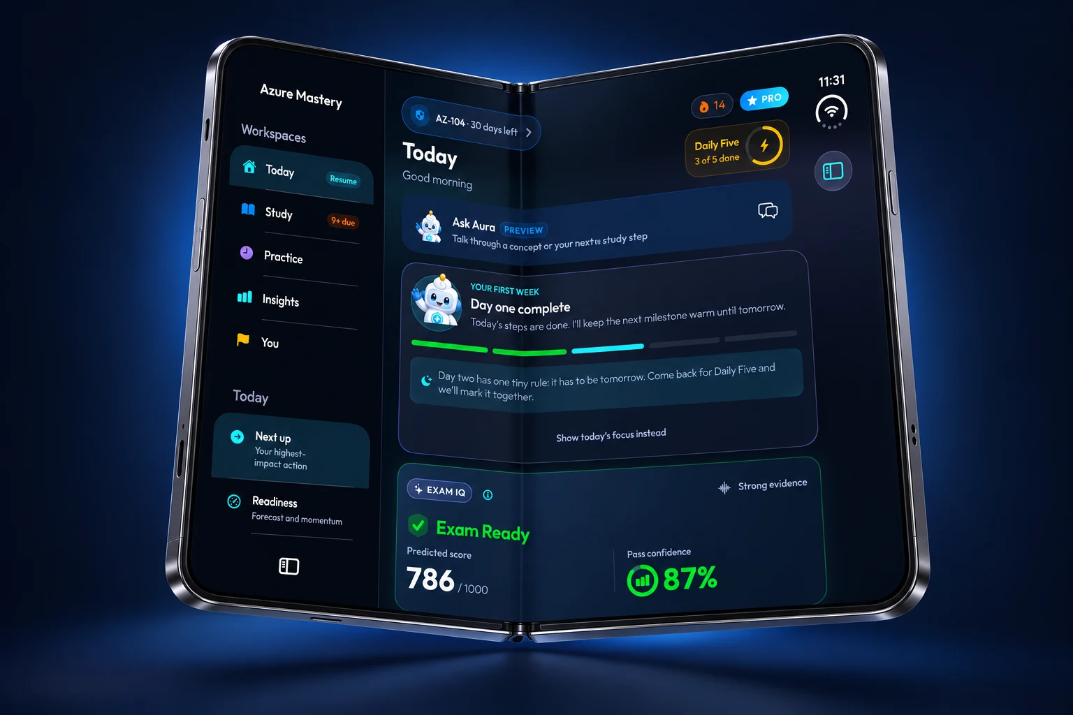 Illustrative 3D mockup of a semi-folded iPhone Duo displaying the Azure Mastery Today dashboard